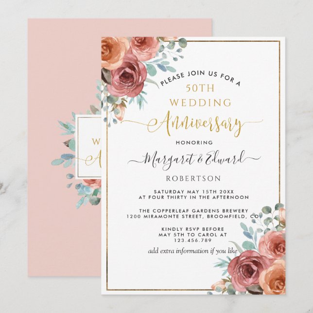 Convites Aniversário de 50 anos de Casamento, Floral de Pês (Frente/Verso)