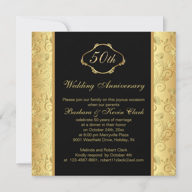 Convites Aniversário de 50 anos de casamento floral dourado (Frente)