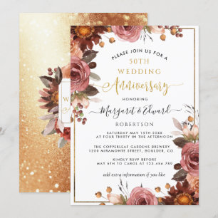 Convites Aniversário de 50 anos de Casamento, Floral Ouro e