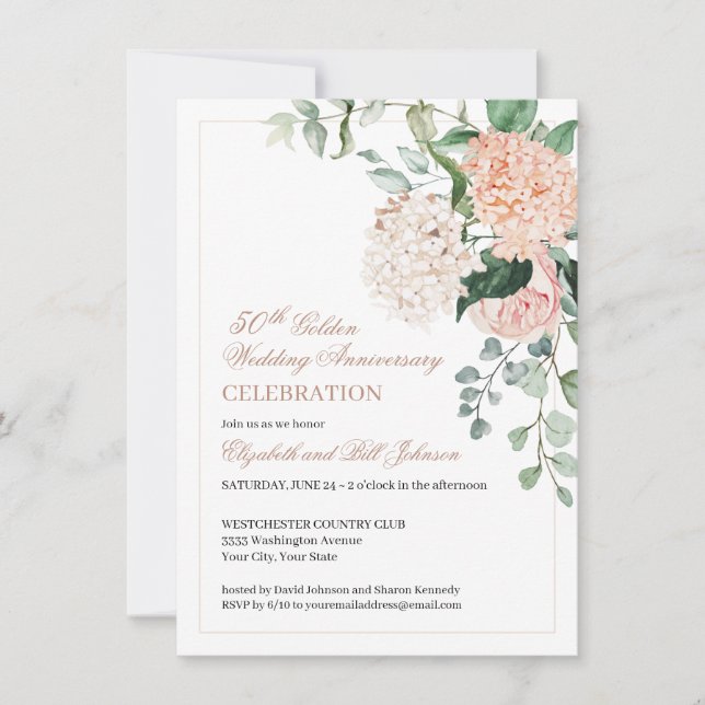 Convites Aniversário de 50 anos de casamento floral rosa aq (Frente)