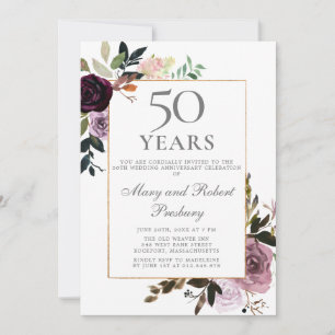 Convites Aniversário de 50 anos de Casamento Floral Roxo Ro