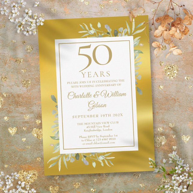 Convites Aniversário de 50 anos de Casamento Folha Dourada (50th Wedding Anniversary Greenery Gold Foil Invitation)