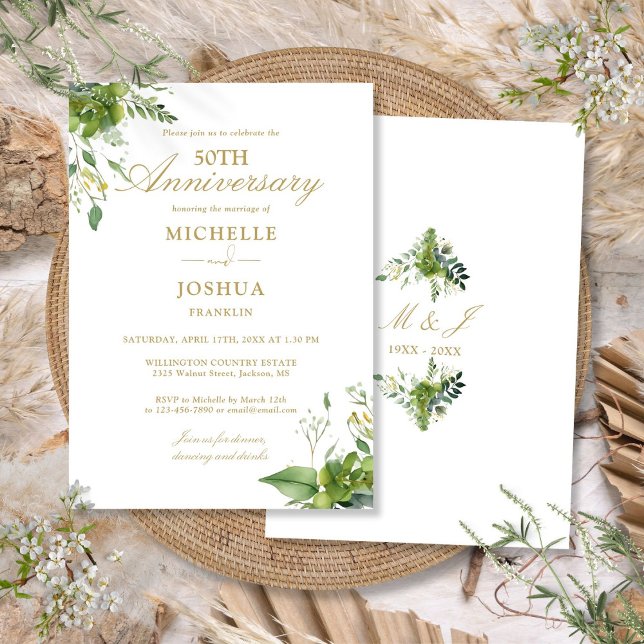 Convites Aniversário de 50 anos de Casamento Folhagem Doura (50th Wedding Anniversary Greenery Gold Monogram Invitation)