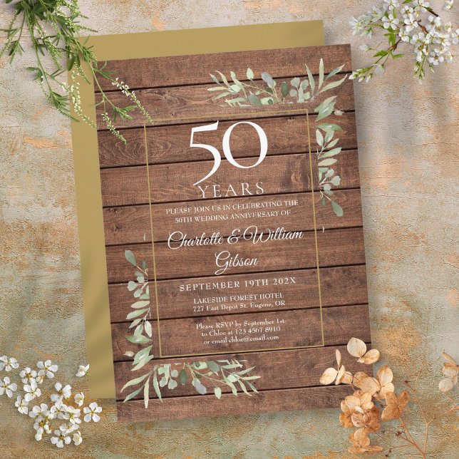 Convites Aniversário de 50 anos de casamento folhagem madei (50th Wedding Anniversary Greenery Rustic Wood Invitation)