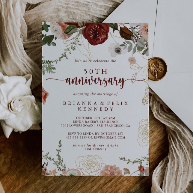 Convites Aniversário de 50 anos de casamento Gold Rustic Fl (Criador carregado)