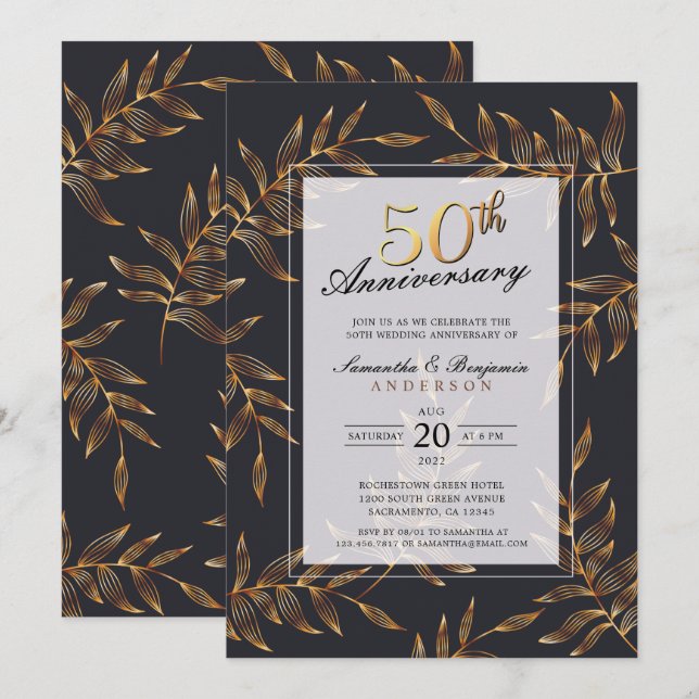 Convites Aniversário de 50 anos de casamento Golden Floral (Frente/Verso)