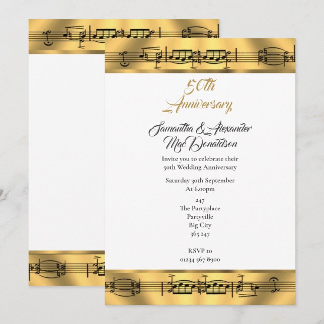 Convites Aniversário de 50 anos de casamento música dourada (Frente/Verso)