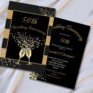 Convites Aniversário de 50 anos de Casamento Preto Dourado 