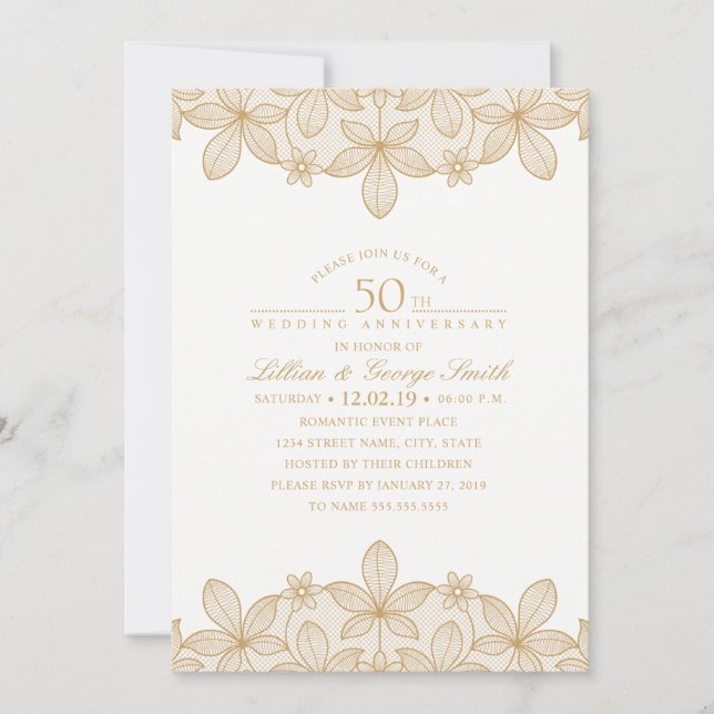 Convites Aniversário de 50 anos de Casamento Renda Dourada  (Frente)