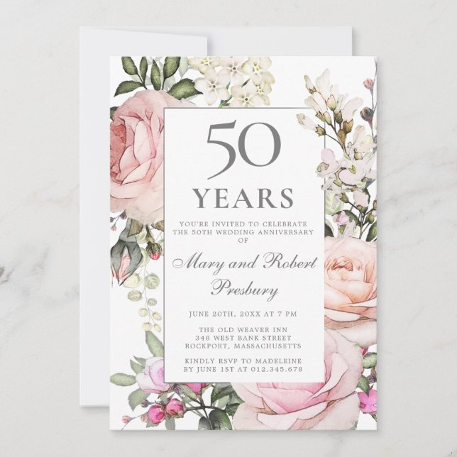 Convites Aniversário de 50 anos de Casamento Rosa Floral (Frente)