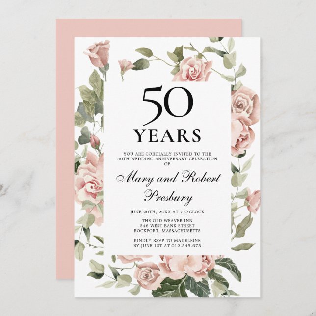 Convites Aniversário de 50 anos de casamento Rosa Floral (Frente/Verso)