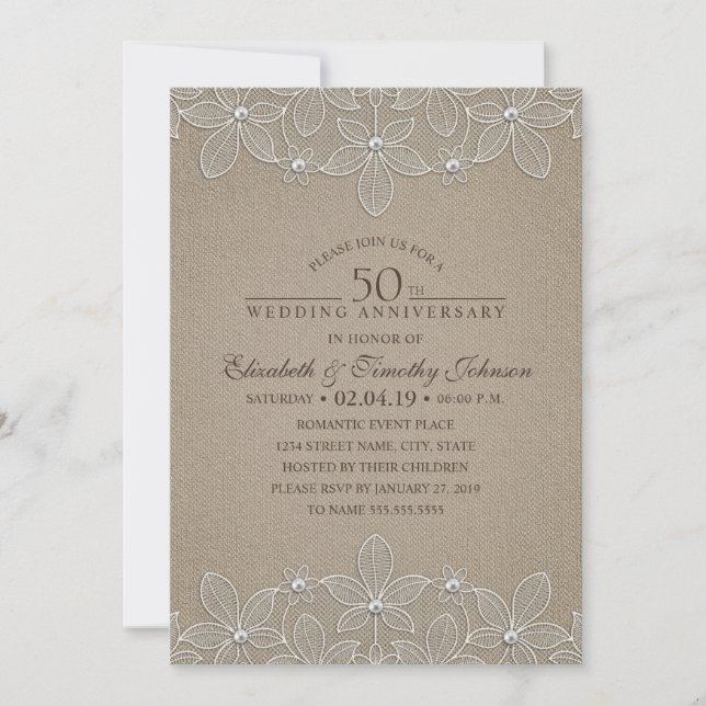 Convites Aniversário de 50 anos de Casamento Rústico em Lon (Frente)