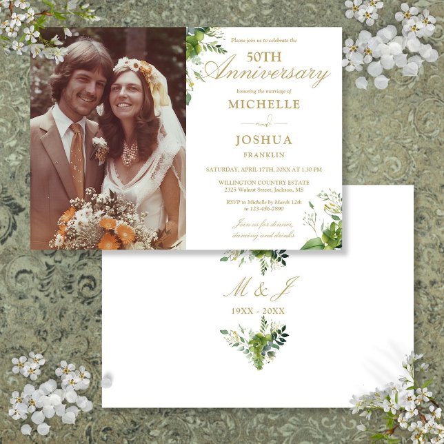 Convites Aniversário de 50 anos de Casamento Verde Dourado  (50th Wedding Anniversary Greenery Gold Photo Invitation)