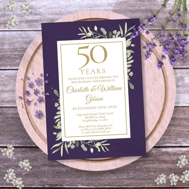 Convites Aniversário de 50 anos de Casamento Verde e Dourad (50th Wedding Anniversary Greenery Purple And Gold Invitation)