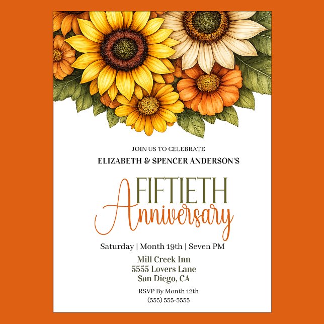 Convites Aniversário de 50 anos dos belos girassóis  (Pretty Sunflower 50th Wedding Anniversary Party Invitation.)