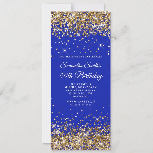 Convites Aniversário de 50 anos Dourado Brilhante Azul Real (Frente)