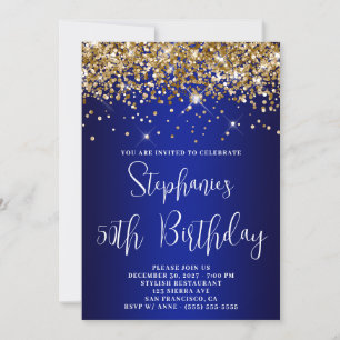 Convites Aniversário de 50 anos Dourado Glitter Azul Real A