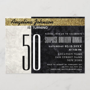 Convites Aniversário de 50 anos Elegante Mármore Dourado Pr