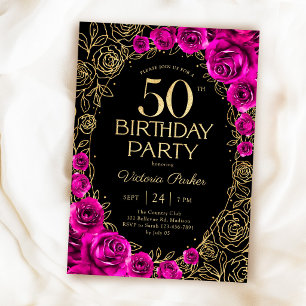 Convites Aniversário de 50 anos elegante rosa fúcsia preto 