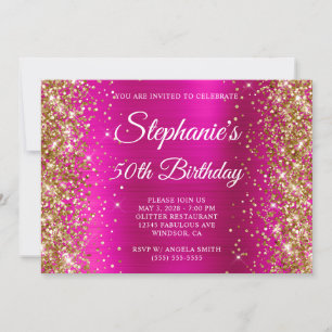 Convites Aniversário de 50 anos em Glitter Dourado Rosa Que