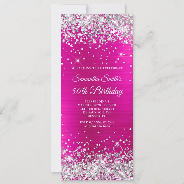 Convites Aniversário de 50 anos em Glitter Prateado e Foil  (Frente)