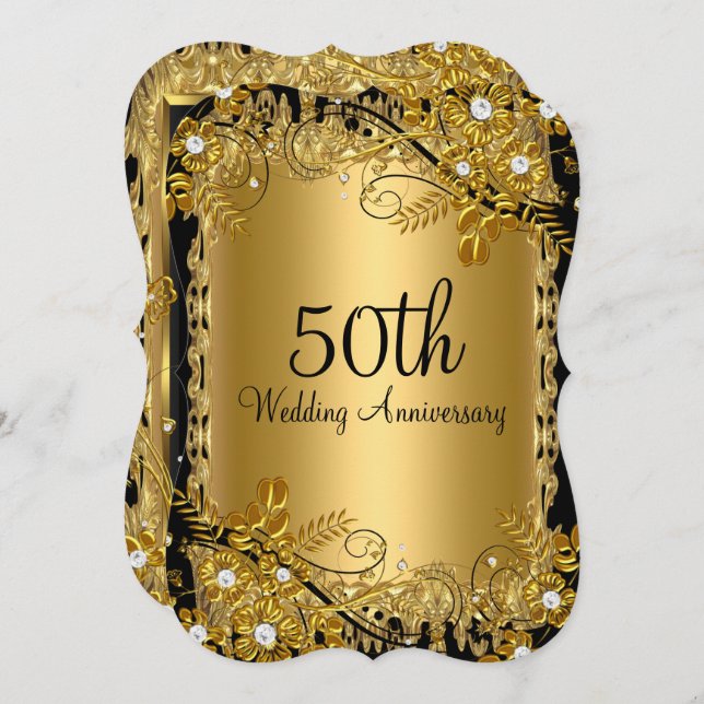 Convites Aniversário de 50 anos em Ouro Diamante Floral Pre (Frente/Verso)