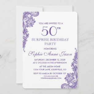 Convites Aniversário de 50 anos em Renda Violeta Ultra Mode