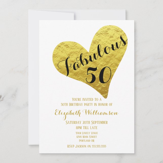 Convites Aniversário de 50 anos Fabuloso 50 Branco| Coração (Frente)