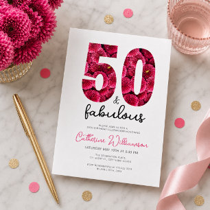 Convites Aniversário de 50 anos Feminino Rosa Floral e Fabu