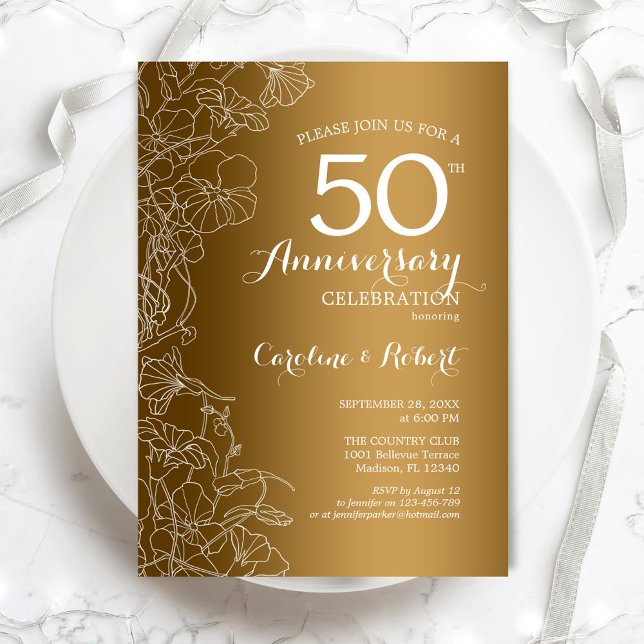 Convites Aniversário de 50 anos Floral Branco Dourado (Criador carregado)