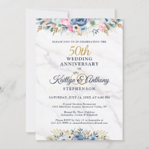 Convites Aniversário de 50 anos Floral Elegante Azul Marinh