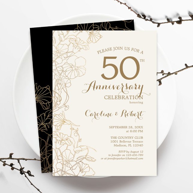 Convites Aniversário de 50 anos Floral Preto Dourado (Criador carregado)