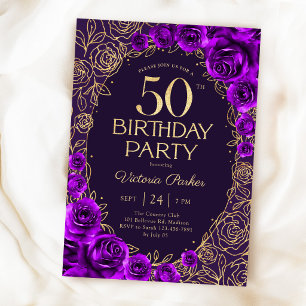 Convites Aniversário de 50 anos Floral Roxo Dourado