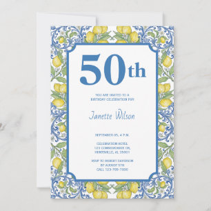 Convites Aniversário de 50 anos French Country Lemon Blue