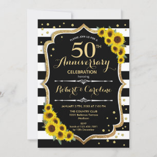 Convites Aniversário de 50 anos - Girassóis Listras Pretas 