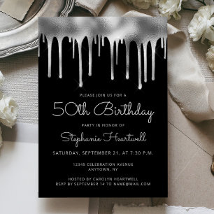 Convites Aniversário de 50 anos Glam Black Silver Dripping 