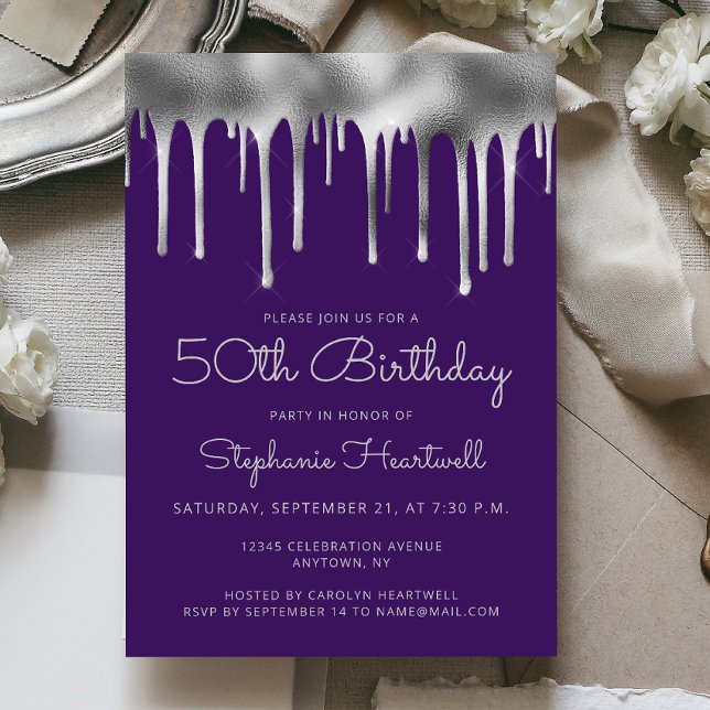 Convites Aniversário de 50 anos Glam Purple Silver Dripping (Criador carregado)