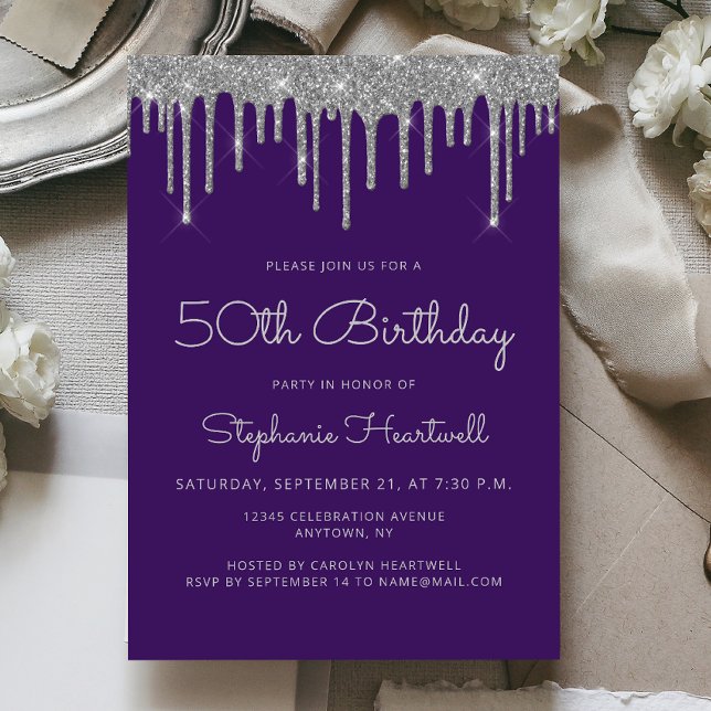 Convites Aniversário de 50 anos Glam Purple Silver Glitter  (Criador carregado)