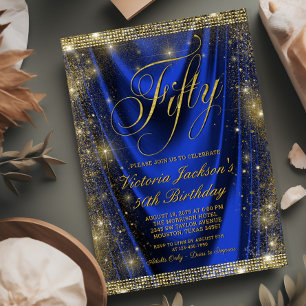 Convites Aniversário de 50 anos Glam Royal Blue Dourado Fem