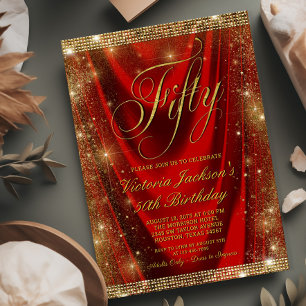 Convites Aniversário de 50 anos Glamour Vermelho e Dourado 