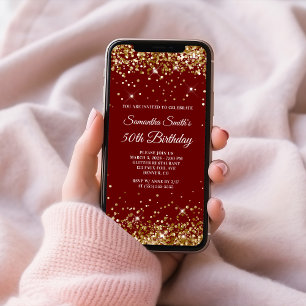 Convites Aniversário de 50 anos Glitter Dourado Vermelho Es