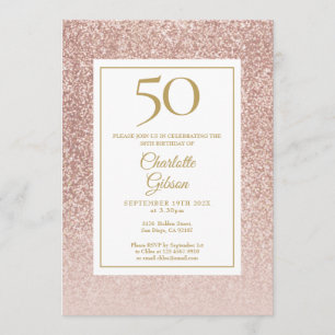 Convites Aniversário de 50 anos Glitter Rosa Dourado Elegan