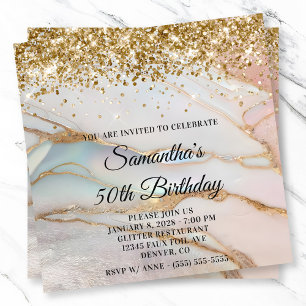 Convites Aniversário de 50 anos Glittery Gold Marbled Opal