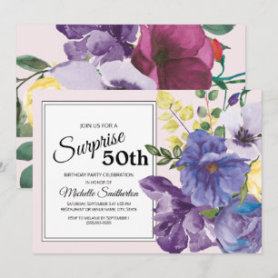 Convites Aniversário de 50 anos Jardim Roxo Amarelo Rosa Fl