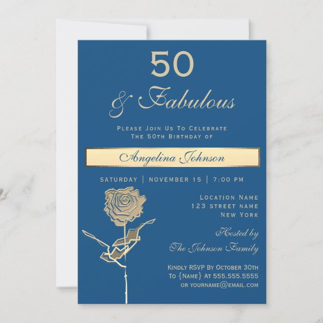 Convites Aniversário de 50 anos Luxo Dourado e Azul Clássic (Frente)