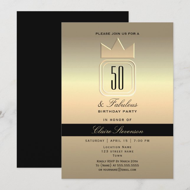 Convites Aniversário de 50 anos Moderno Dourado (Frente/Verso)