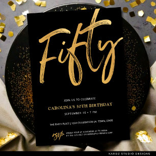 Convites Aniversário de 50 anos Moderno Fifty Script Dourad