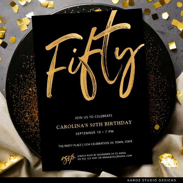 Convites Aniversário de 50 anos Moderno Fifty Script Dourad (Faux gold invite shown in 5x7 inches with square corners. Choose corner, paper and size.)