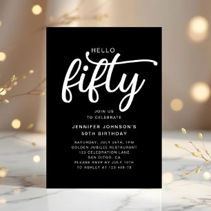 Convites Aniversário de 50 anos moderno preto Hello Fifty