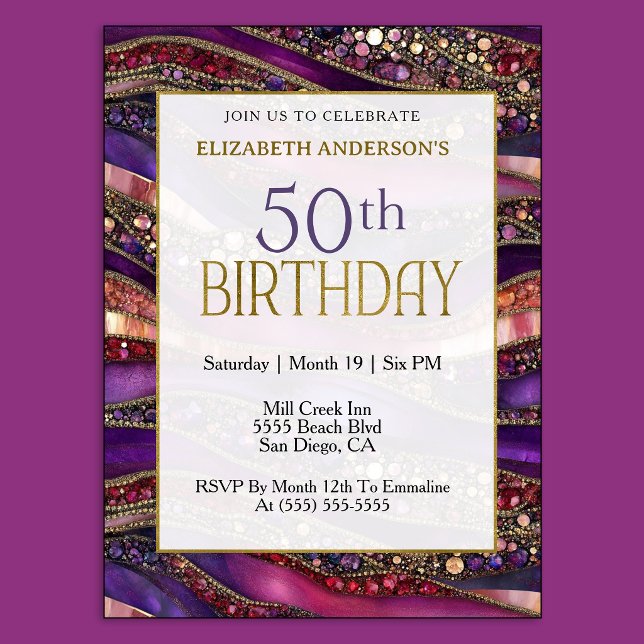 Convites Aniversário de 50 anos Moderno Roxo Dourado com Jo (Luxury purple and gold 50th birthday invitation with jeweled marble design and elegant style.
)